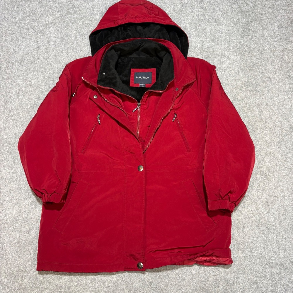 Nautica Red Hooded Fleece Lined Parka Jacket Womens Size LP Large Petite